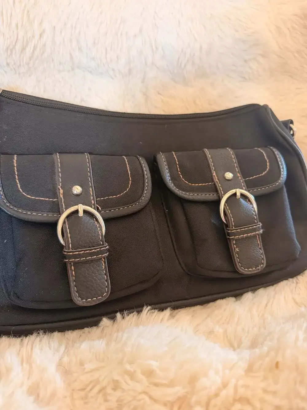 Black Canvas Crossbody Bag with Faux Leather Buckle Pockets